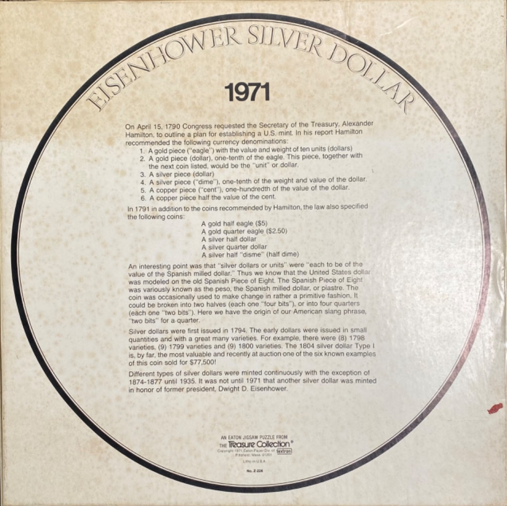 Eisenhower Silver Dollar 1971 coin history text.