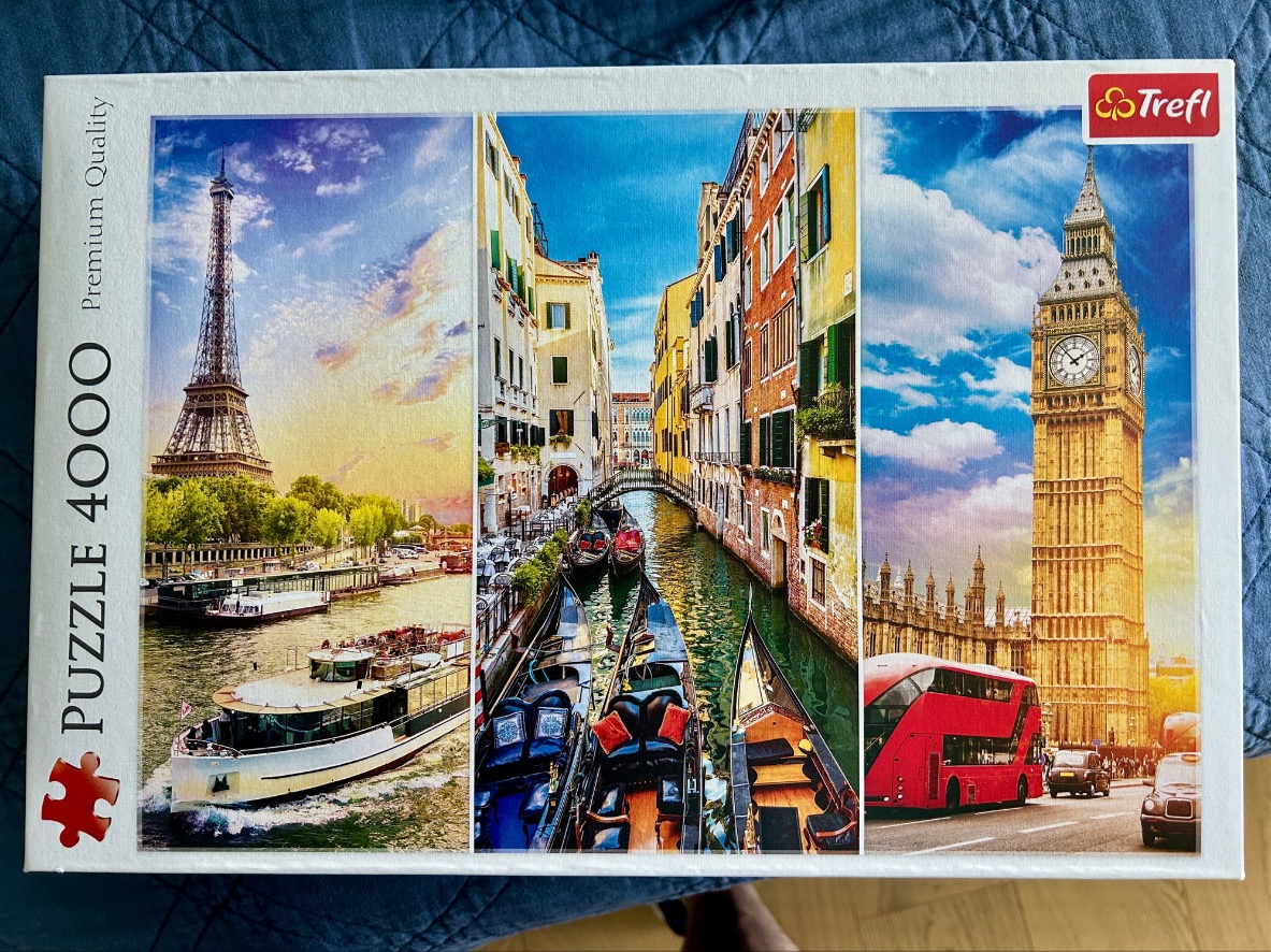 A triptych of iconic European city scenes featuring Paris, Venice, and London.
