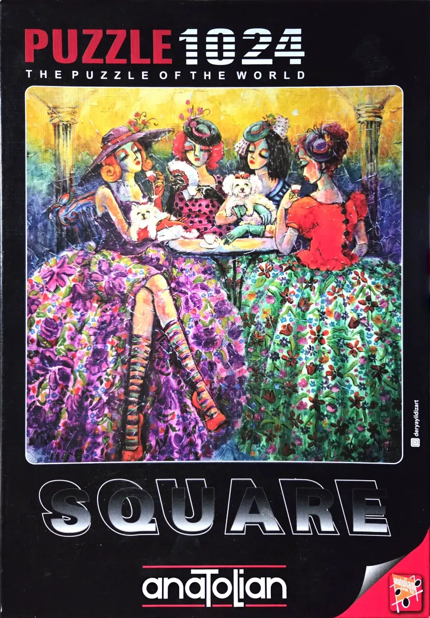 An expressionist painting of four fashionable women with small white dogs sitting at a café table.