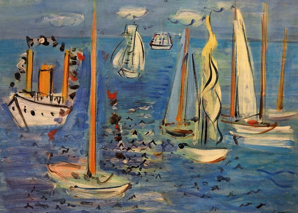 An expressionistic painting of various sailboats and a steamship on a blue sea.