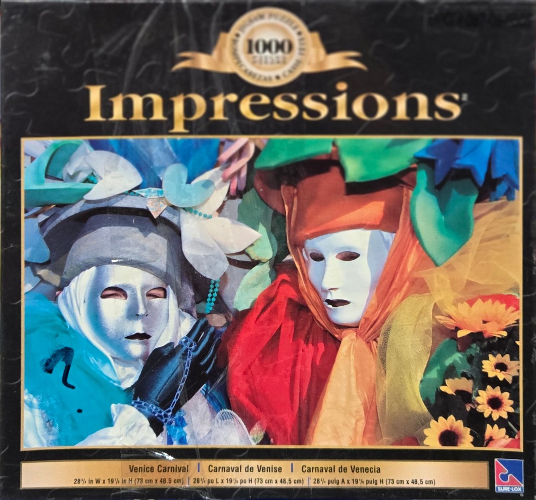 Two masked figures in elaborate costumes reminiscent of the Venice Carnival.