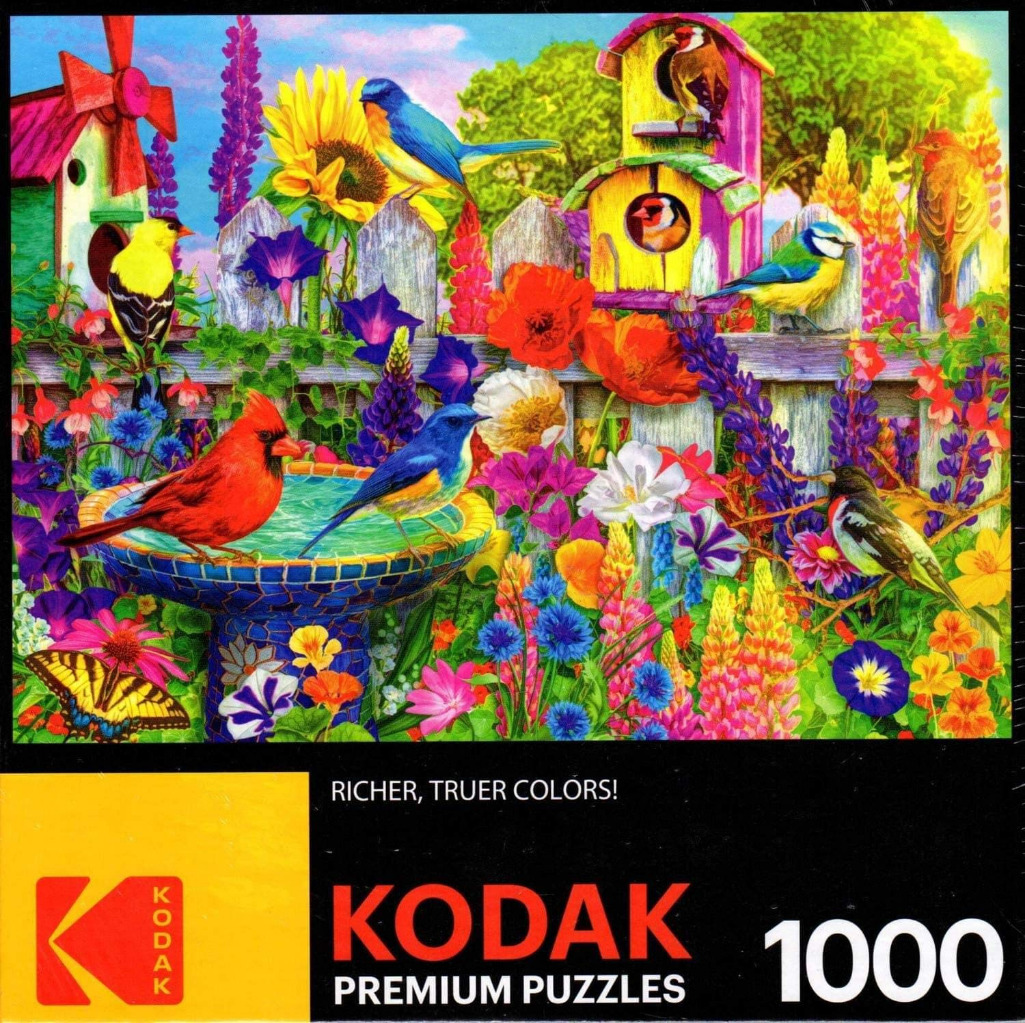 A vibrant garden scene filled with colorful birds, birdhouses, and various blooming flowers.