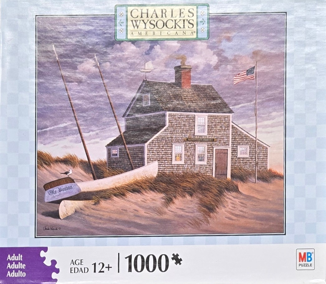A coastal scene with a shingled house, a boat in the sand, and an American flag under a moody sky.