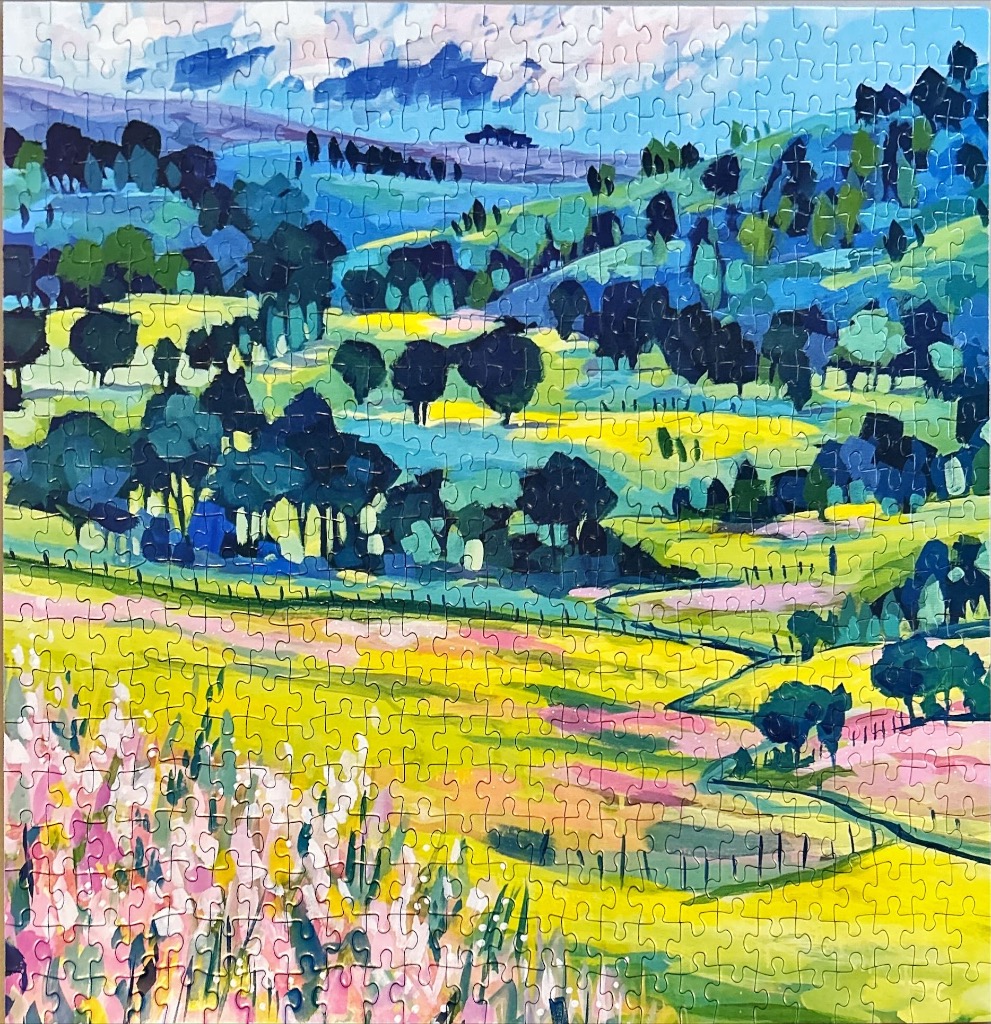 An expressionist landscape painting featuring rolling hills, vibrant yellow fields, and clusters of dark trees.