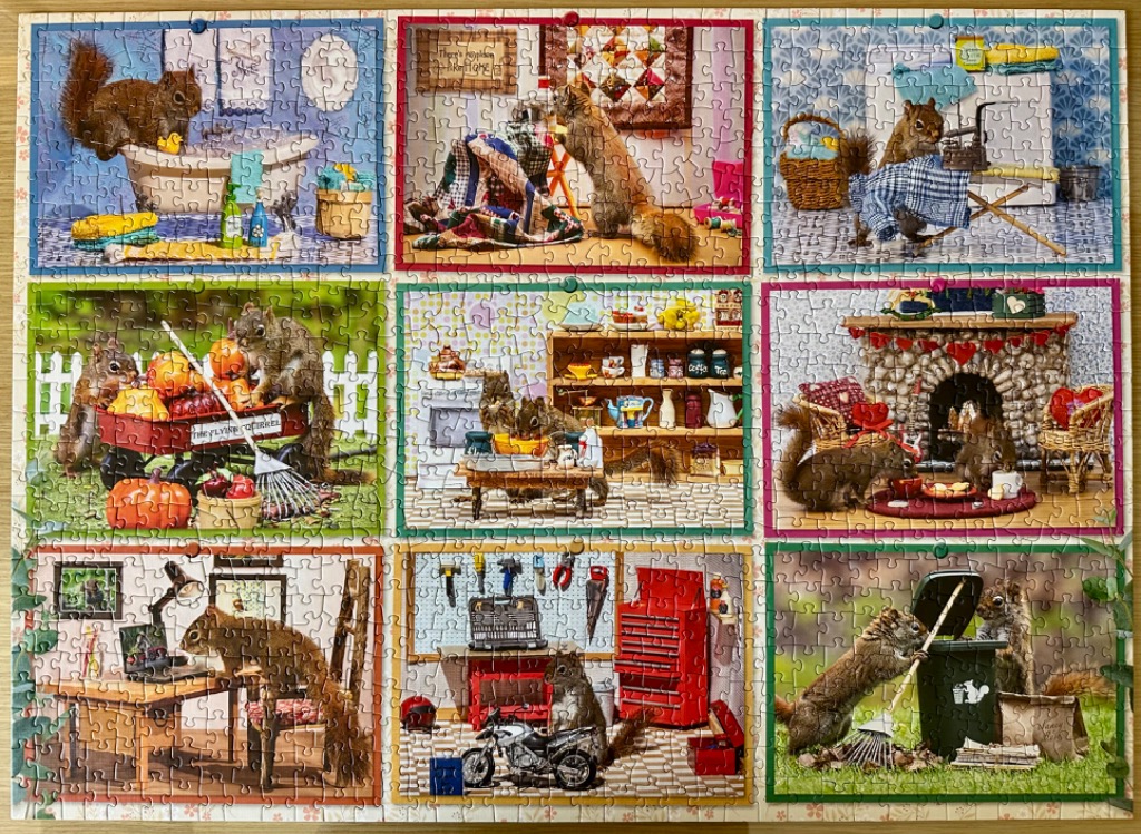 A collage of nine framed illustrations showing anthropomorphic squirrels performing various human-like daily tasks.