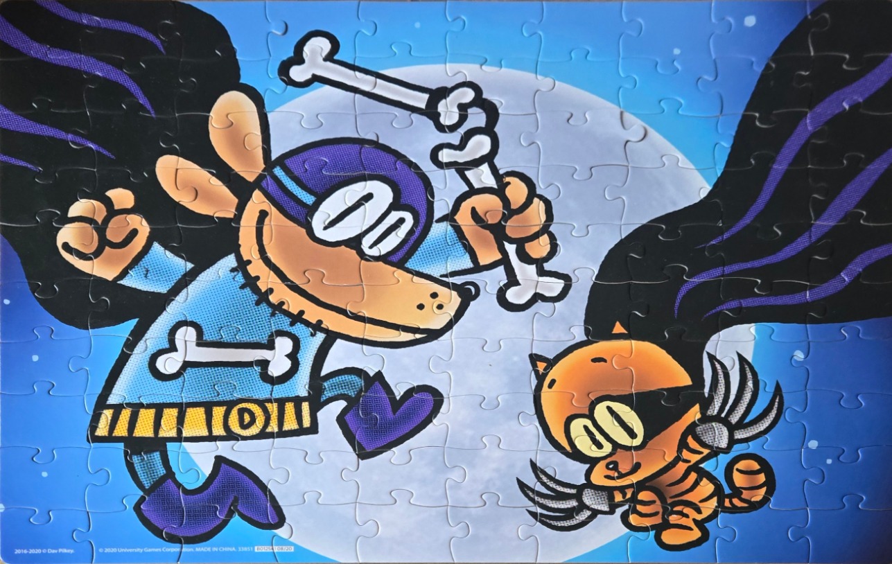 A cartoon illustration of Dog Man and Petey the Cat leaping against a large full moon.
