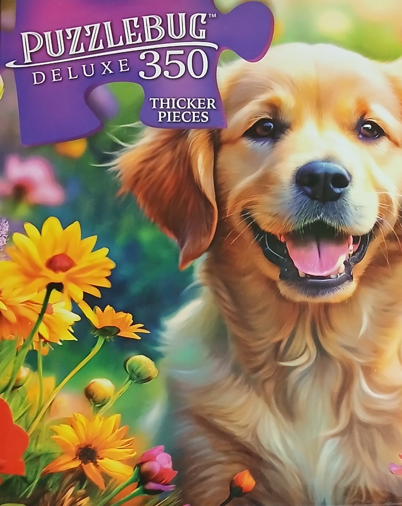 A close-up illustration of a happy golden-furred dog sitting among vibrant, colorful flowers.