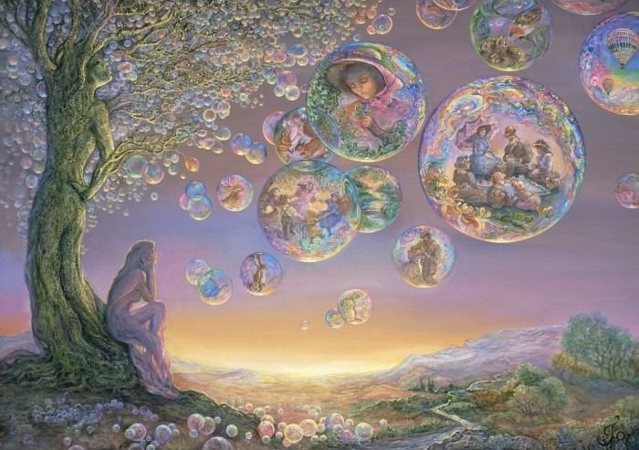 A woman sitting by a tree releasing soap bubbles that contain scenes of Victorian life, animals, and landscapes.