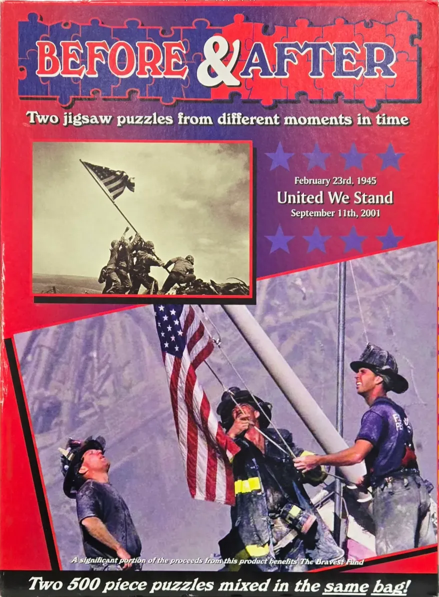 Historical and modern photographs of American flags being raised, side-by-side on a red background.