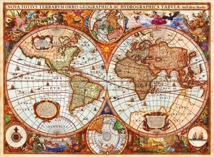 Antique world map featuring two large hemispheres and intricate allegorical illustrations in the margins.