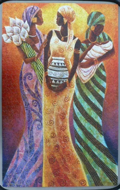 A painting of three African women in traditional garments against a warm golden background.