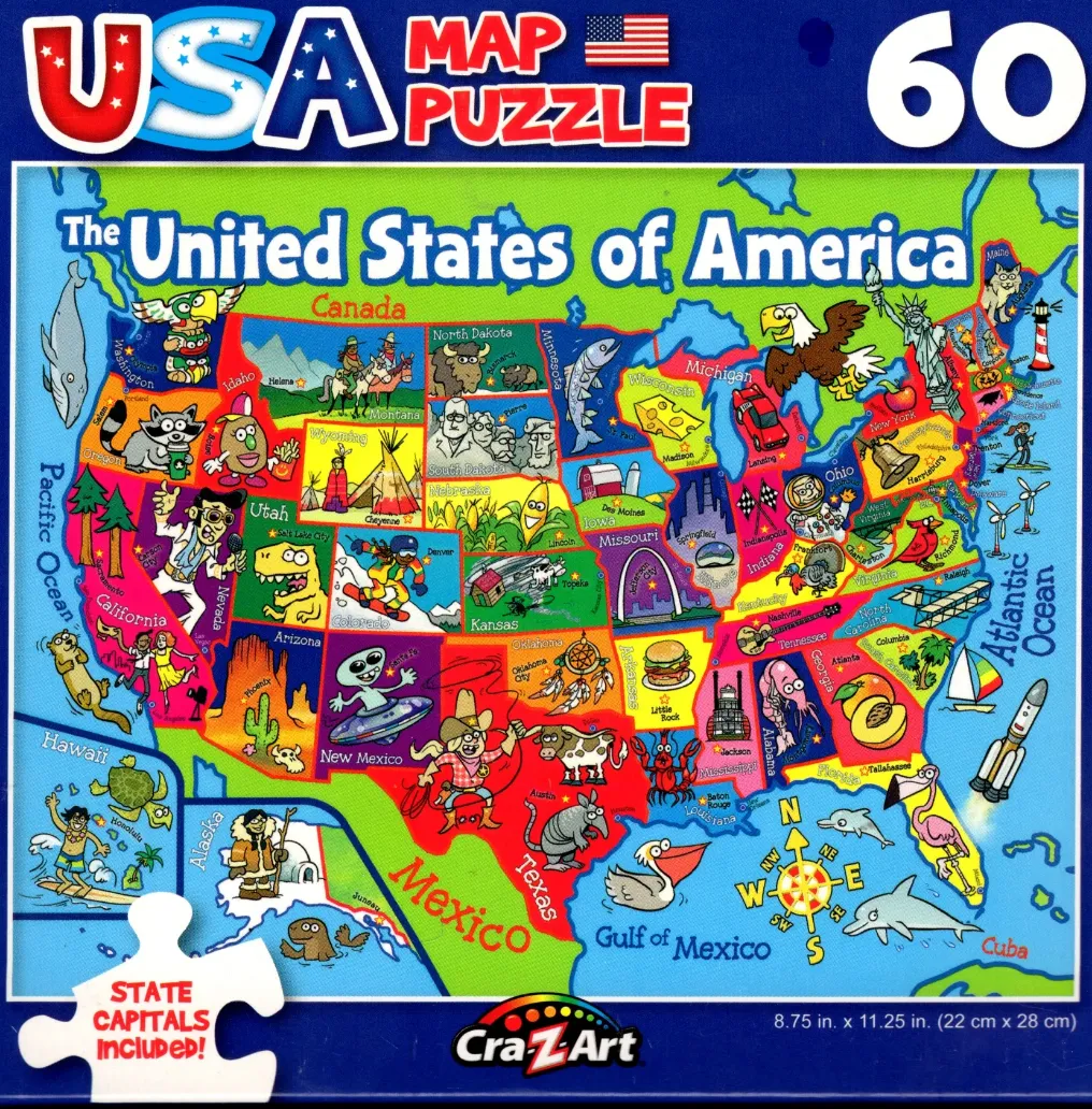 Cartoon map of the United States of America with illustrations of state icons and landmarks.