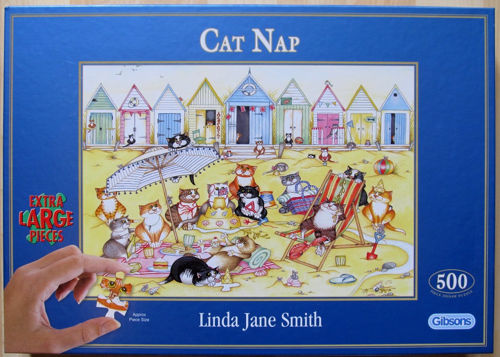 Cartoon illustration of many cats playing and relaxing on a sunny beach in front of a row of colorful beach huts.