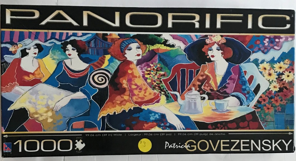 A panoramic illustration of four stylish women sitting together at an outdoor cafe with bold colors and painterly style.