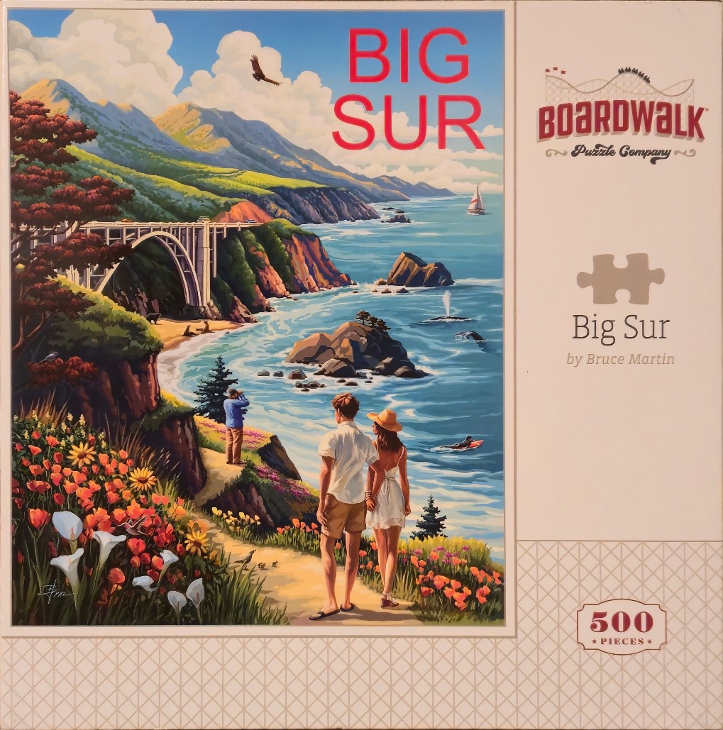 A painterly illustration of the Big Sur coastline featuring a bridge, sea cliffs, and a couple looking out at the ocean.
