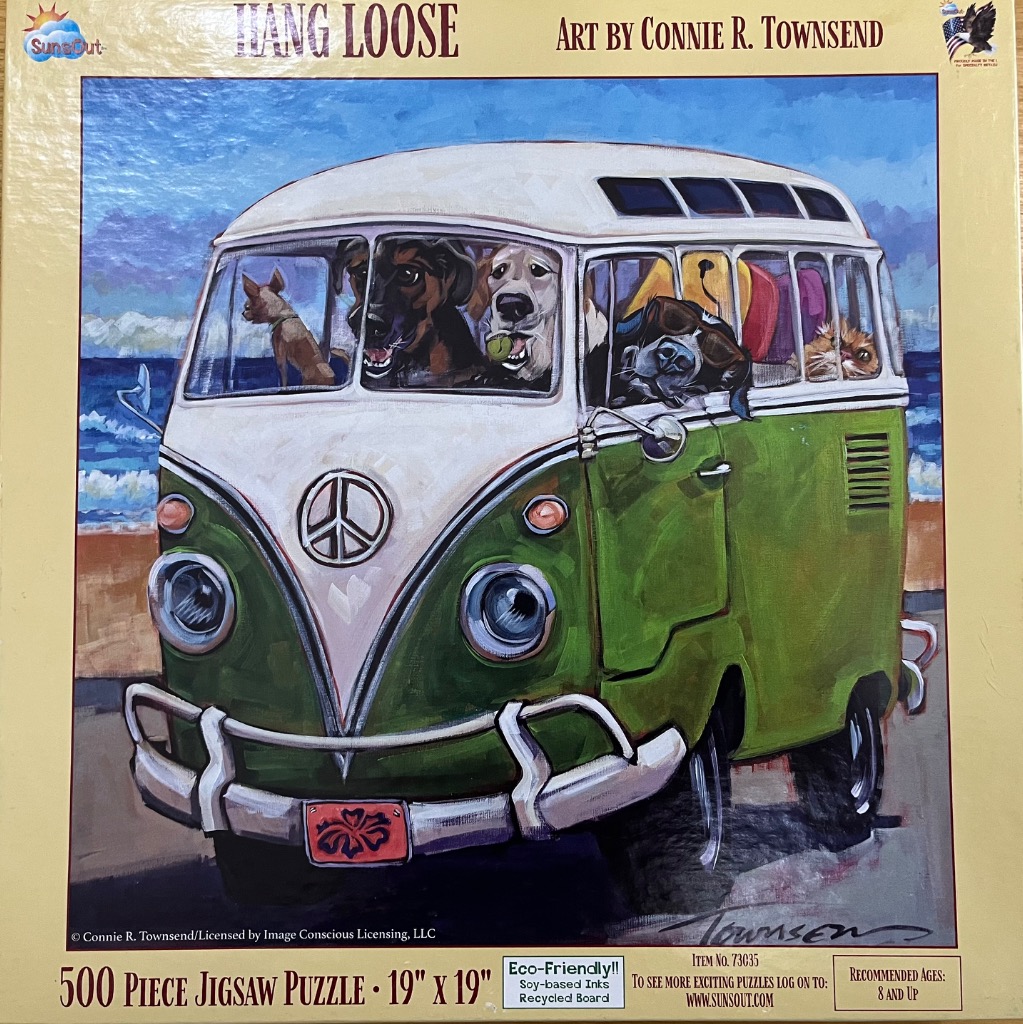 An oil painting of a green vintage van at the beach filled with dogs and a cat looking out the windows.