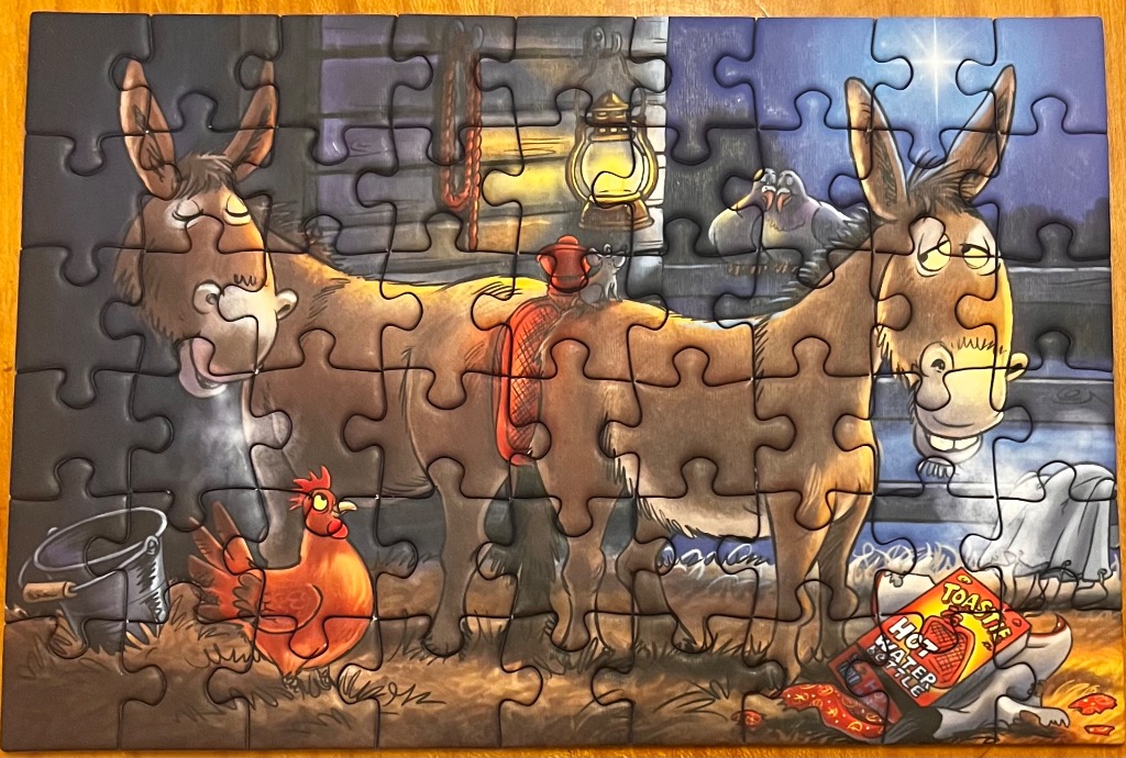 Two cartoon donkeys with a chicken and bucket, in a rustic stable scene.