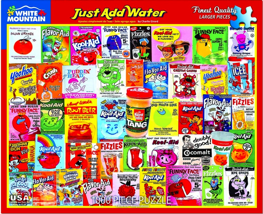 A collage of vintage colorful powdered drink mix and beverage advertisements and packets.