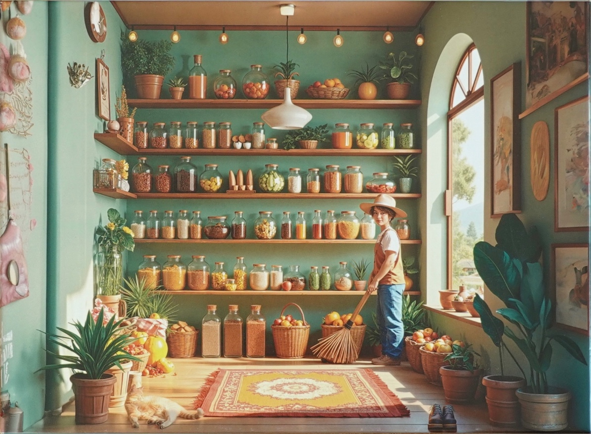 A young person in a hat sweeps a pantry filled with shelves of glass jars containing various dry goods and produce.