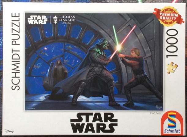 An illustration of Darth Vader and Luke Skywalker dueling with lightsabers in the Emperor's throne room.