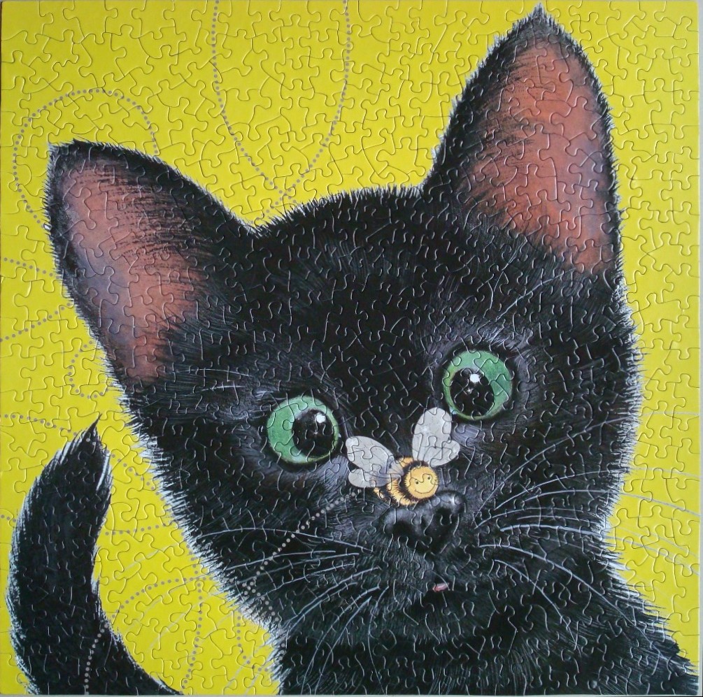 A close-up illustration of a fluffy black kitten with bright green eyes and a small bee resting on its nose.