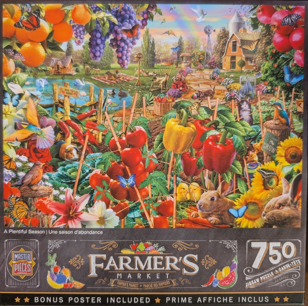 A lush country garden scene featuring vegetables, flowers, fruits, and small animals under a sunset sky.