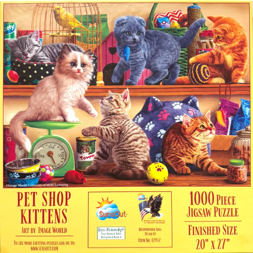 Seven kittens playing in a room filled with pet supplies and toys.