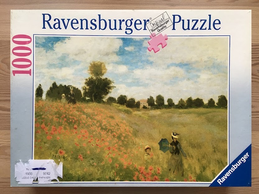 Impressionist painting of a woman and child walking through a sunny field of wild red poppies.