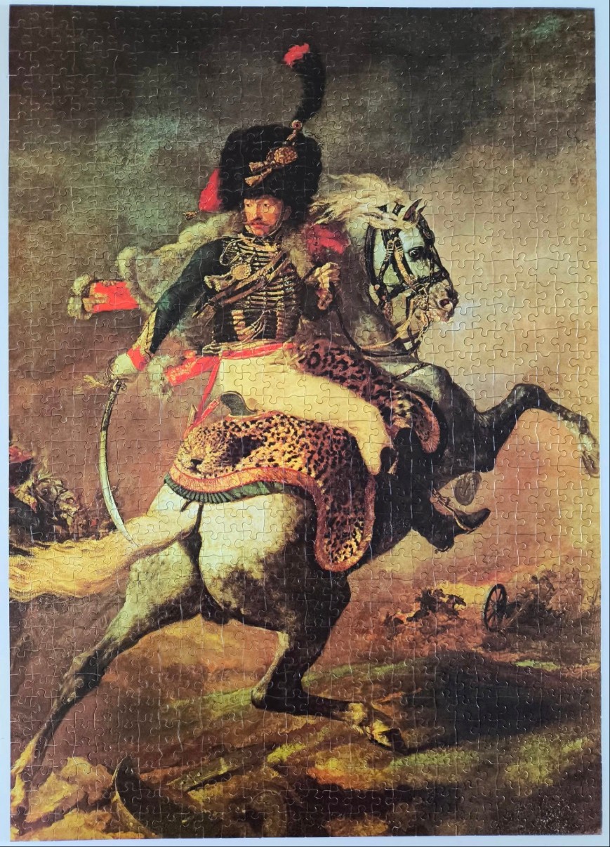 A dramatic oil painting of a Napoleonic hussar officer charging on a grey horse during battle.