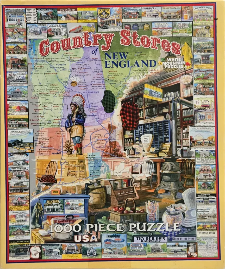 Collage of New England country store paintings featuring a central map and an interior shop scene.