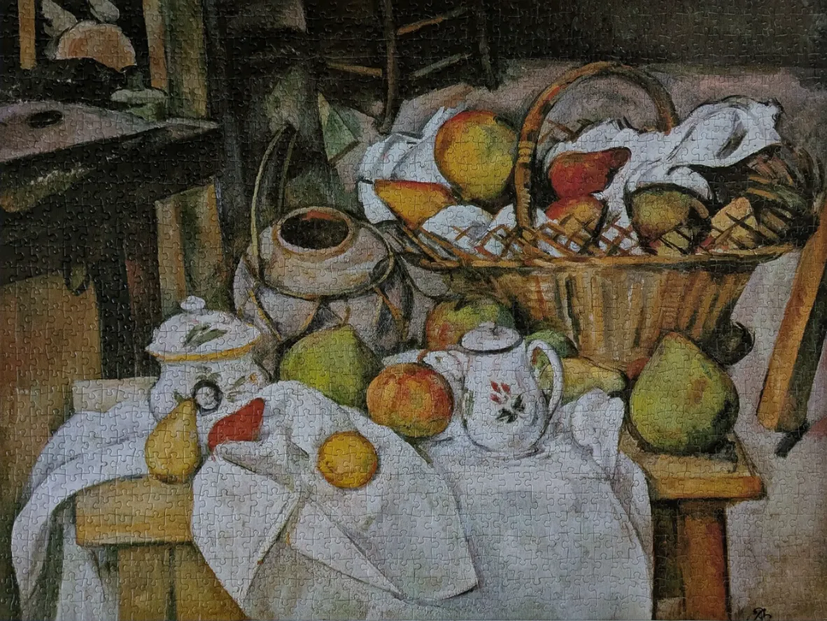 A still life painting featuring a basket of fruit and kitchenware on a rustic table.