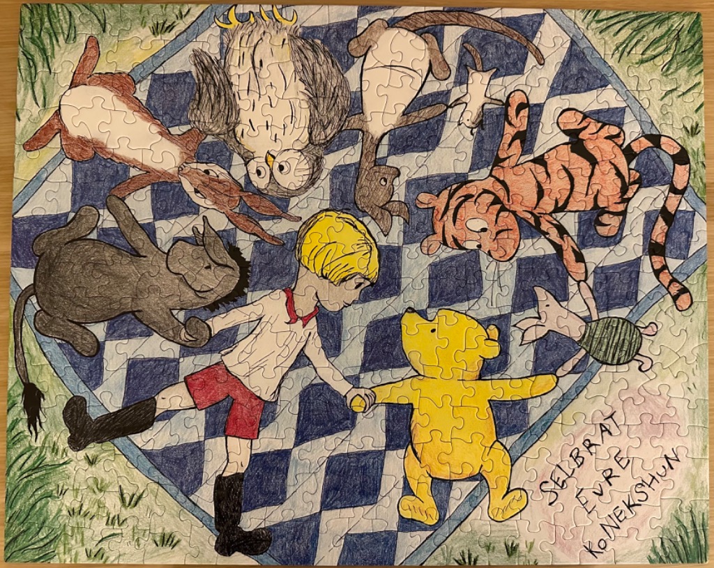 An illustration of Christopher Robin and the Hundred Acre Wood friends holding hands on a checkered picnic blanket.