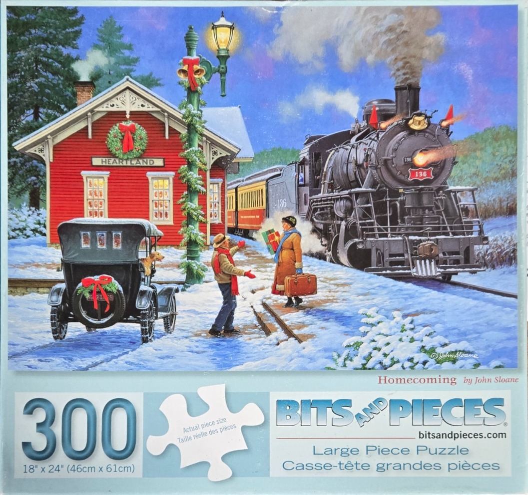 A snowy holiday scene with a vintage steam train arriving at a red station as a couple greets each other.