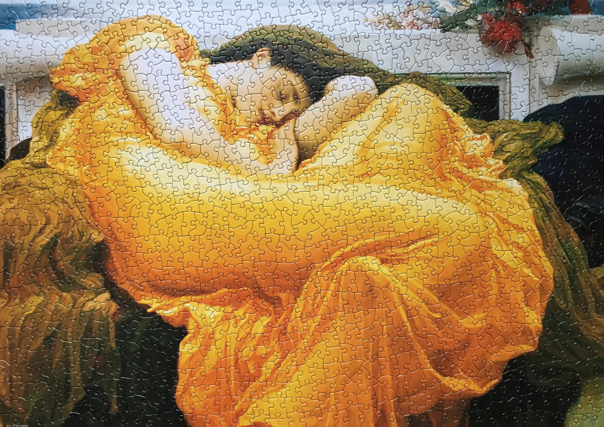 A painting of a woman with dark hair draped in a vibrant golden-yellow dress sleeping on a bench.