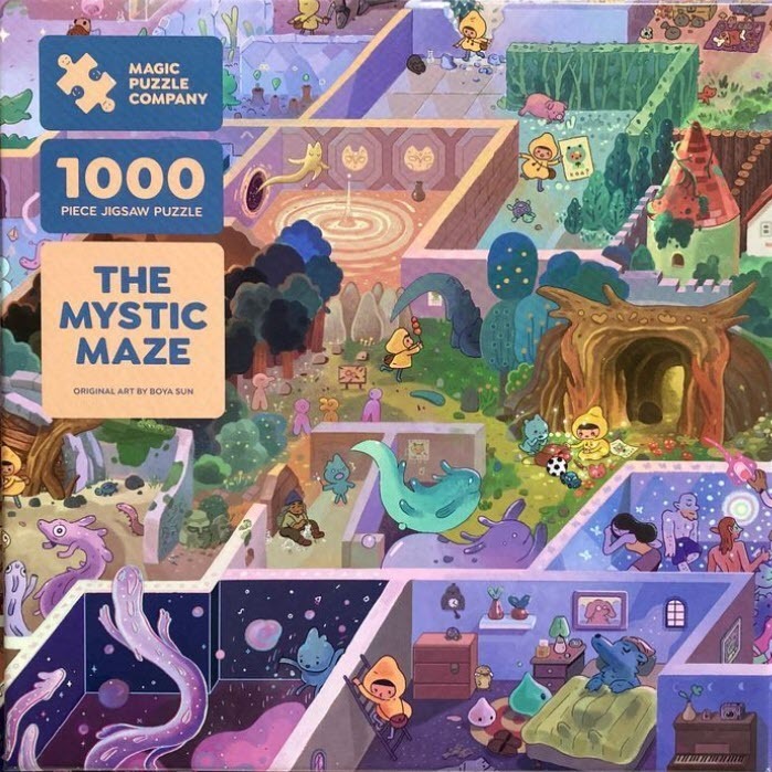 Whimsical illustration of a magical maze filled with cartoon creatures and mysterious rooms.