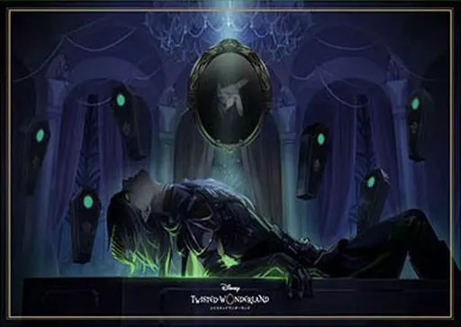 An illustration of a young man with horns lying in a coffin surrounded by floating coffins in a dark, magical room.