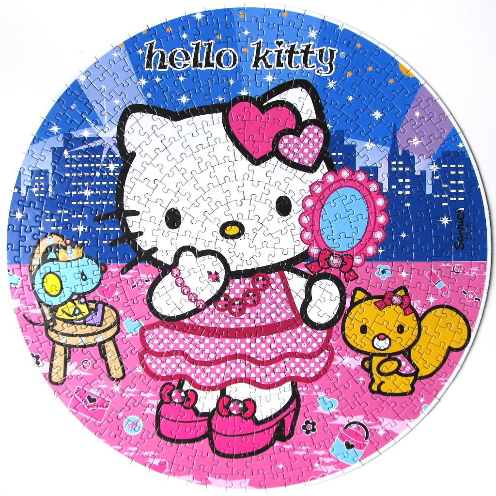 Hello Kitty standing in front of a night skyline, holding a mirror, with a squirrel and a blue toy.