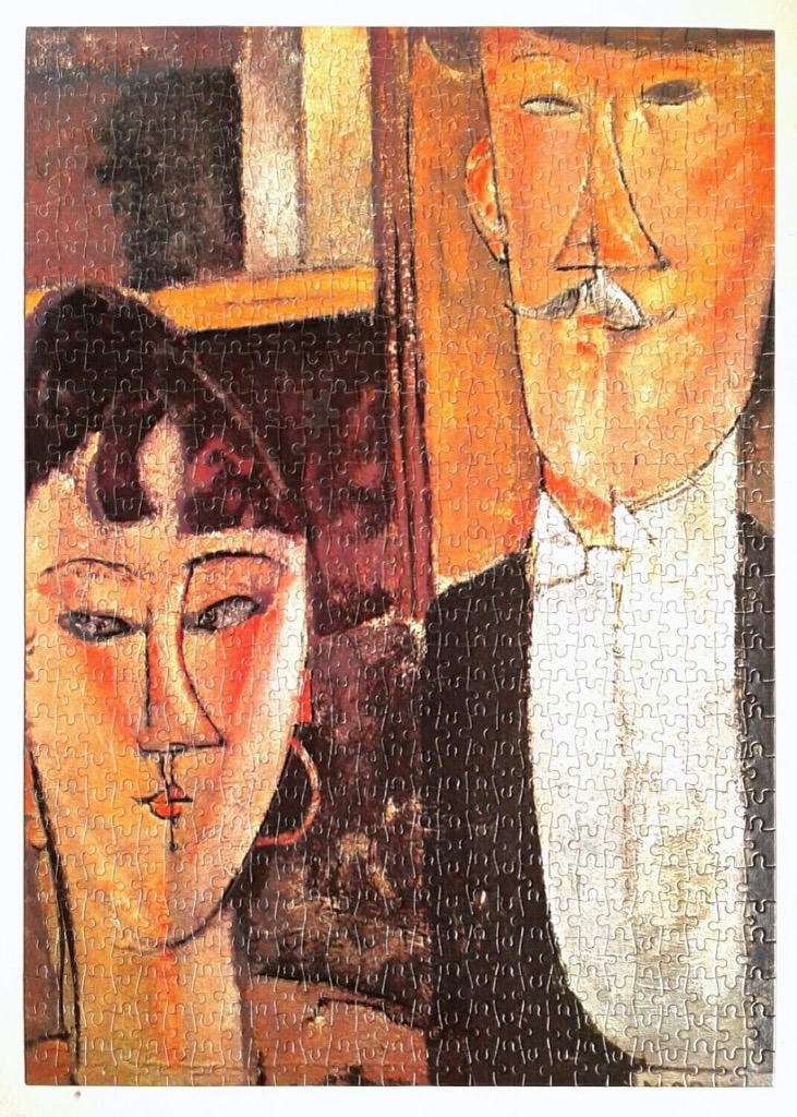 An expressive portrait painting featuring a man and a woman in the distinctive, elongated style of Amedeo Modigliani.