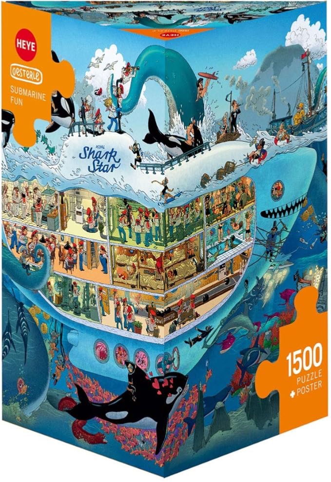 A cartoon illustration of the inside of a giant shark submarine populated by quirky characters and sea life.