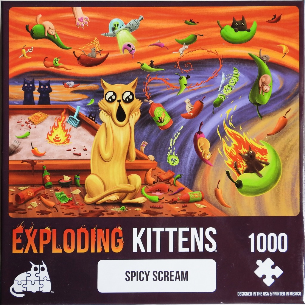 A whimsical illustration of a wide-eyed cat mirroring the painting The Scream, surrounded by flying chili peppers and cats.