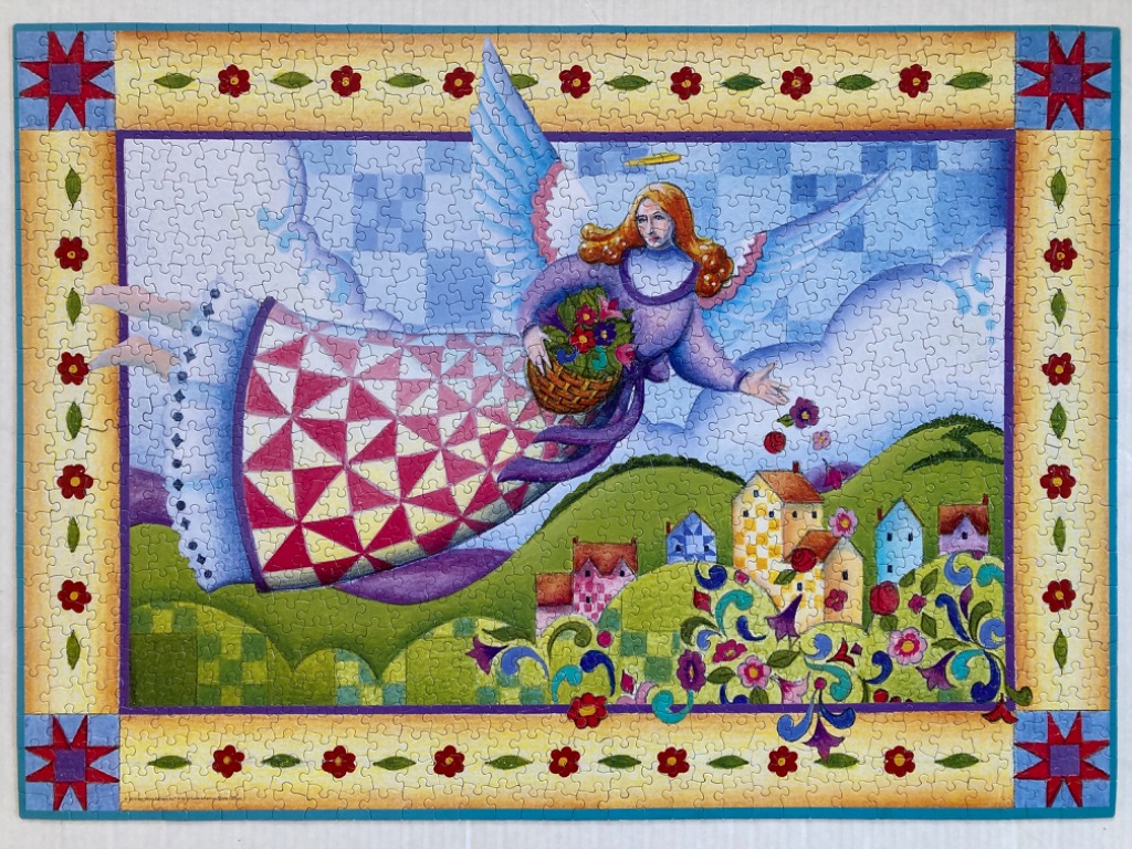 Illustration of an angel flying over a whimsical village while dropping flowers from a basket.