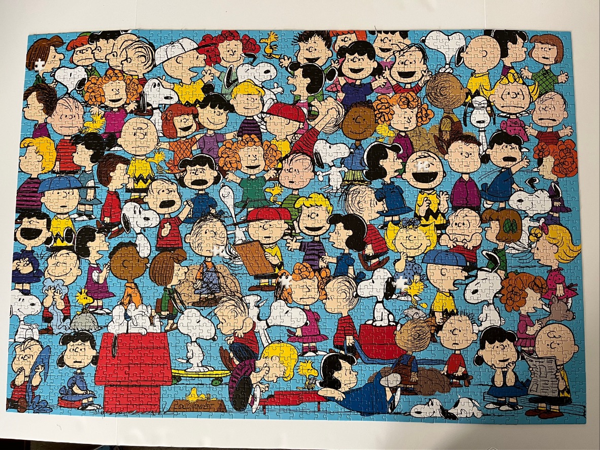 A dense illustration featuring many Peanuts comic strip characters against a solid light blue background.