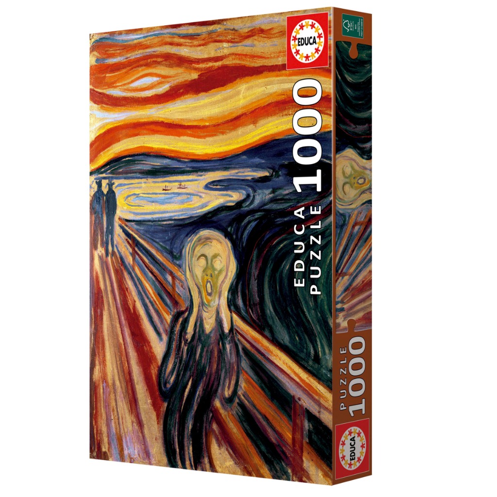 Edvard Munch's The Scream featuring a central figure with hands to their face on a bridge against a vibrant sky.