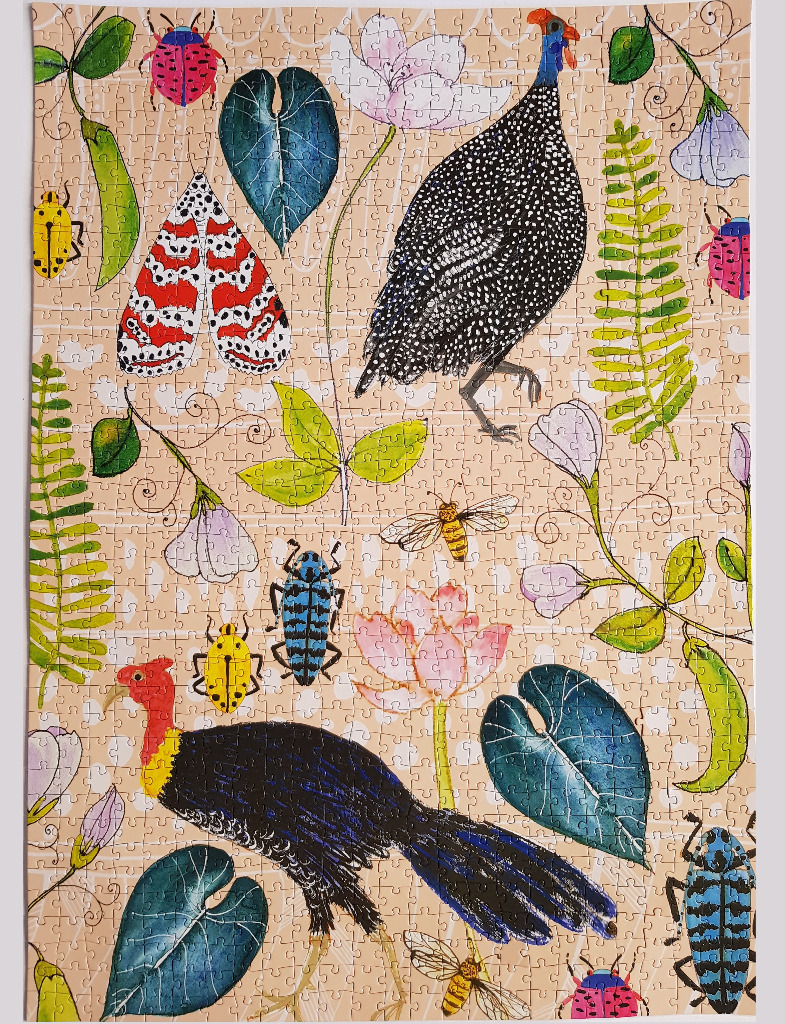 A whimsical illustration of guinea fowl, various insects, and botanical elements on a light tan background.