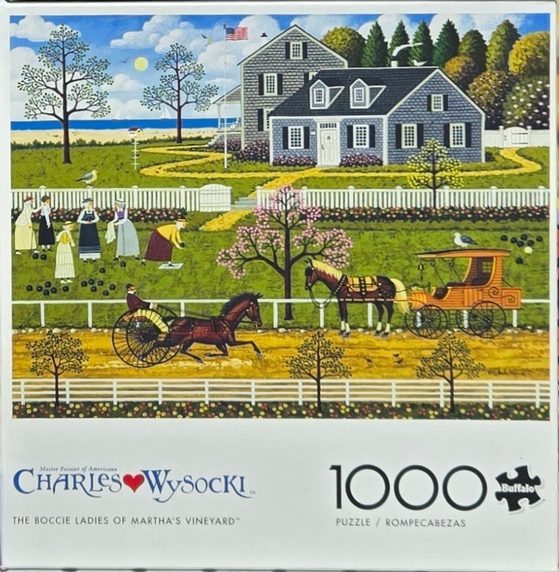 A folk art painting of women playing bocce ball on a lawn with a coastal house and horse-drawn carriages in the background.