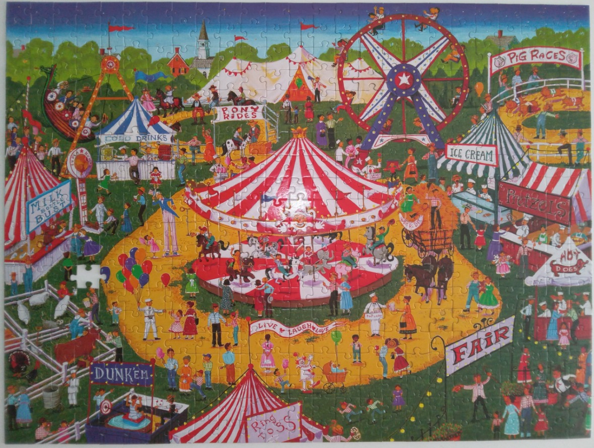 A whimsical illustration of a busy, colourful county fair scene.