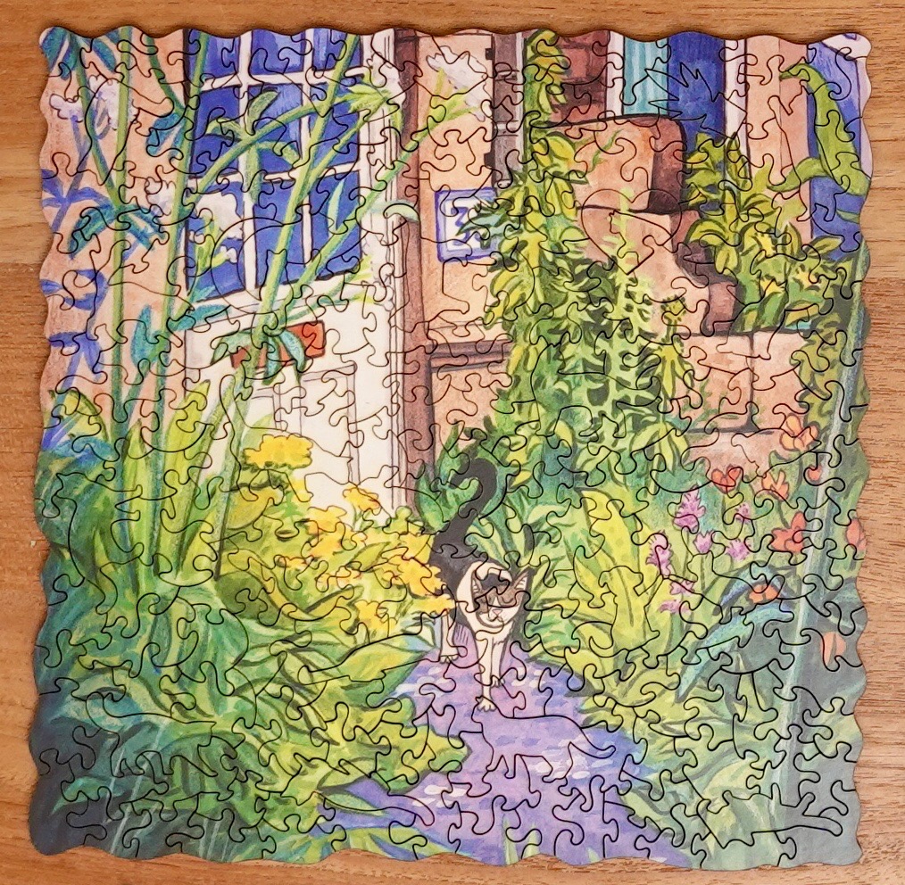 A black and white cat walking through a lush garden path in front of a house door.