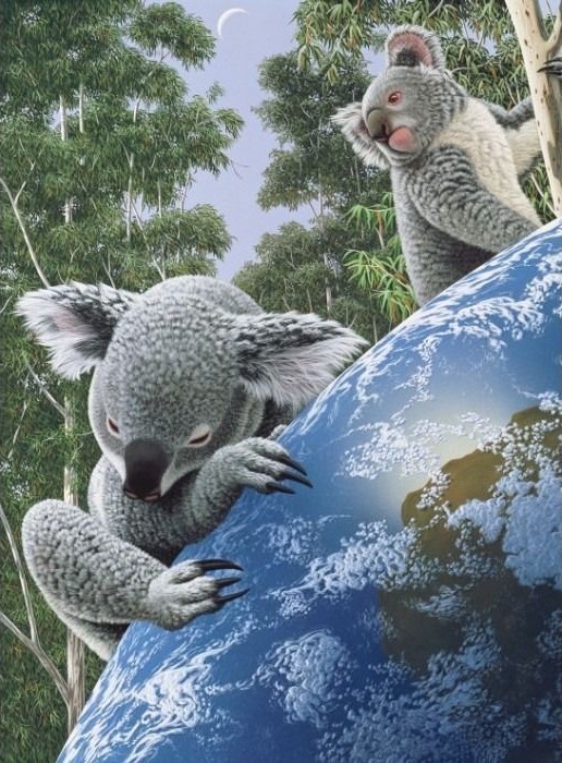 Two koalas climbing the curved surface of a globe against a backdrop of eucalyptus trees and a crescent moon.