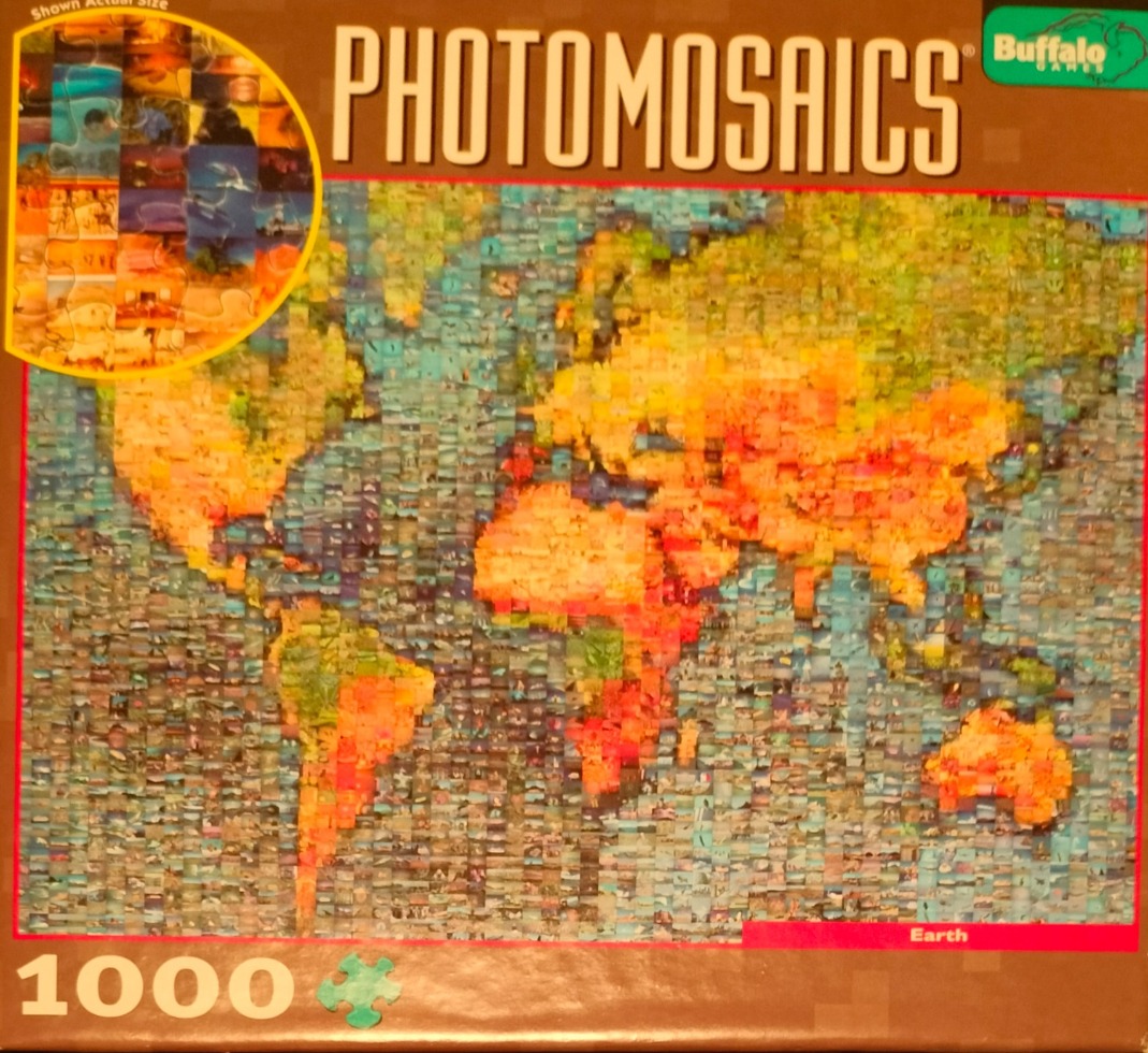 A photomosaic of a world map made from many small individual photographs