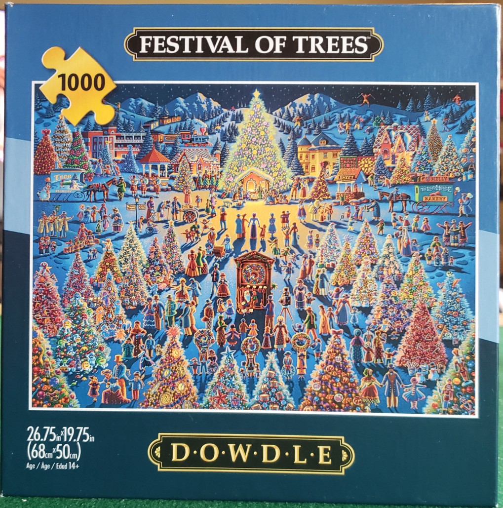 A whimsical nighttime painting of a bustling outdoor town square filled with decorated Christmas trees and figures.